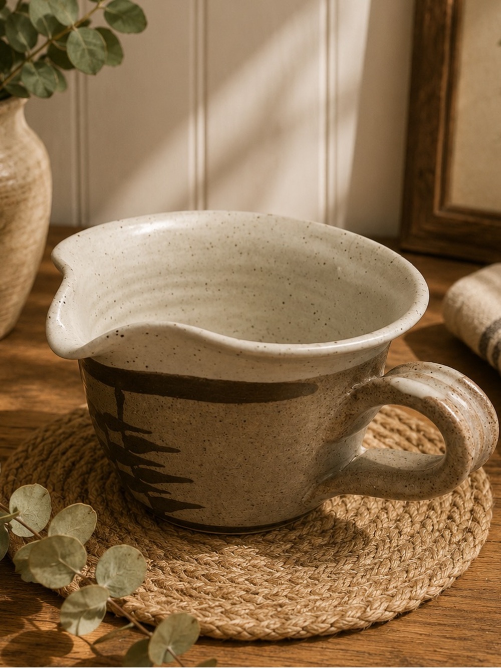 Handmade Studio Pottery Creamer or Whisking Bowl – Rustic Brushstroke Design